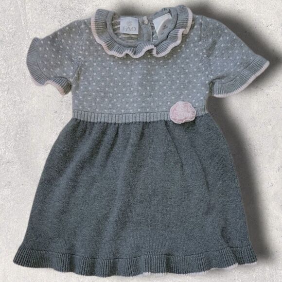 Fao SCHWARZ GRAY & PINK POLKA DOT SHORT-SLEEVE RUFFLED SWEATER DRESS, SZ 18 MOS. - Picture 1 of 9